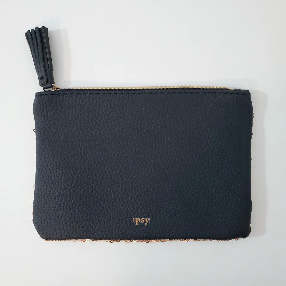 Ipsy Sequin Clutch Makeup Zip Bag with Tassle - Black & Gold NWOT
